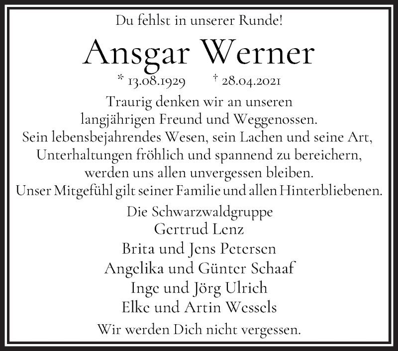 Traueranzeige von Ansgar Werner von WESER-KURIER