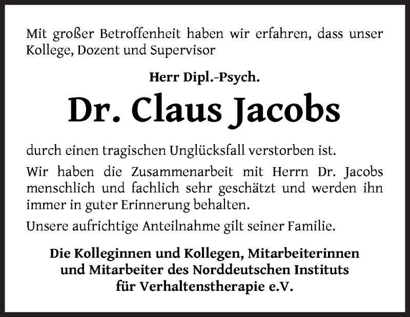 Traueranzeige von Claus Jacobs von WESER-KURIER