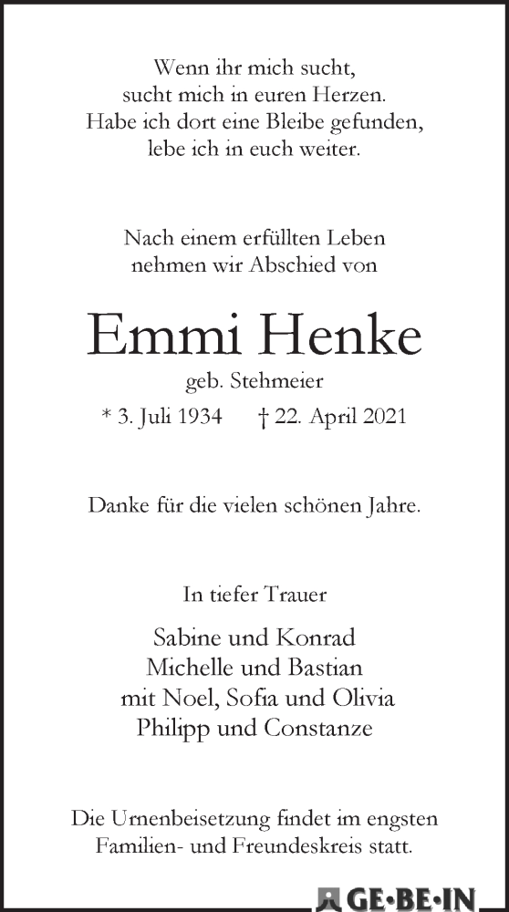 Traueranzeige von Emma Henke von WESER-KURIER