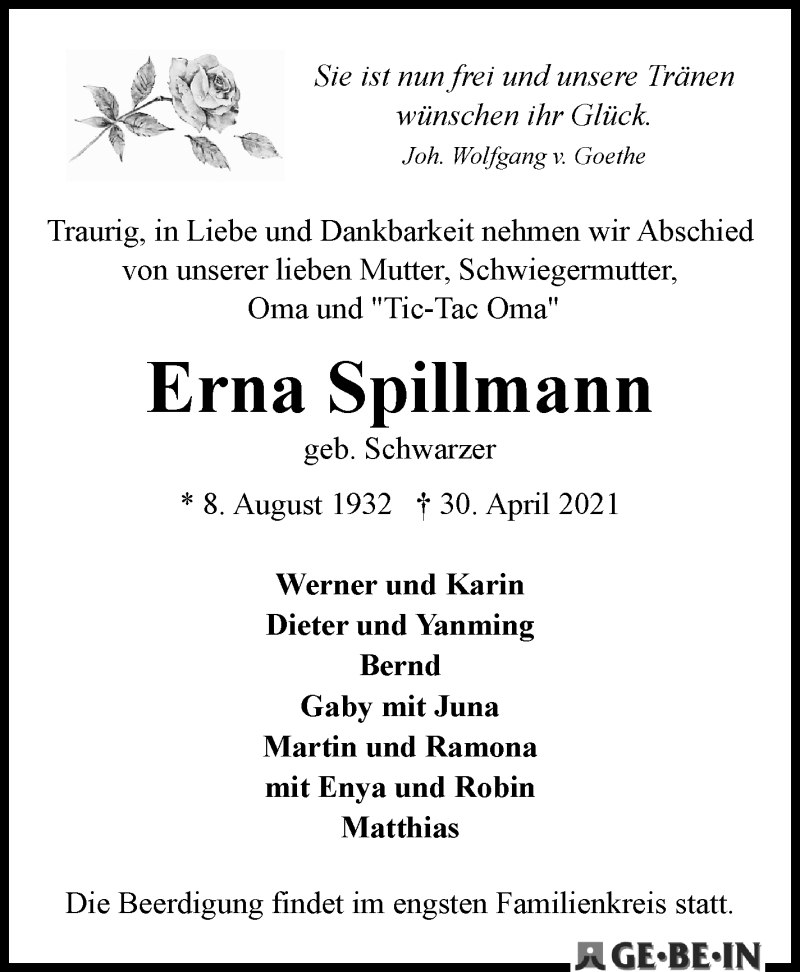 Traueranzeige von Erna Spillmann von WESER-KURIER