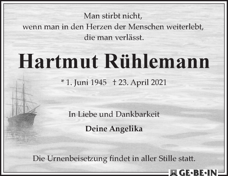 Traueranzeige von Hartmut Rühlemann von WESER-KURIER
