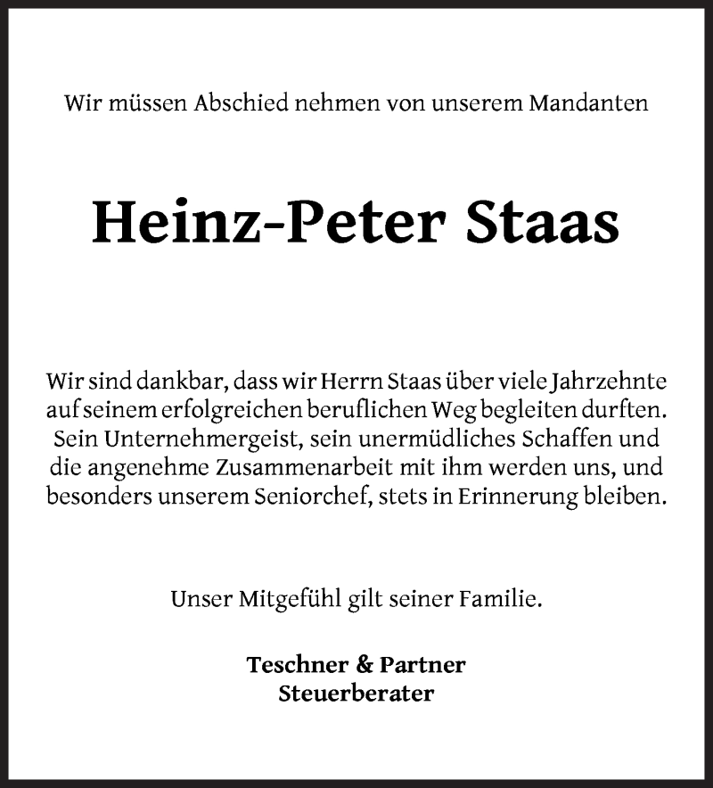Traueranzeige von Heinz-Peter Staas von WESER-KURIER