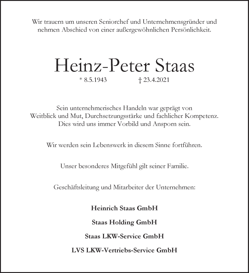 Traueranzeige von Heinz-Peter Staas von WESER-KURIER
