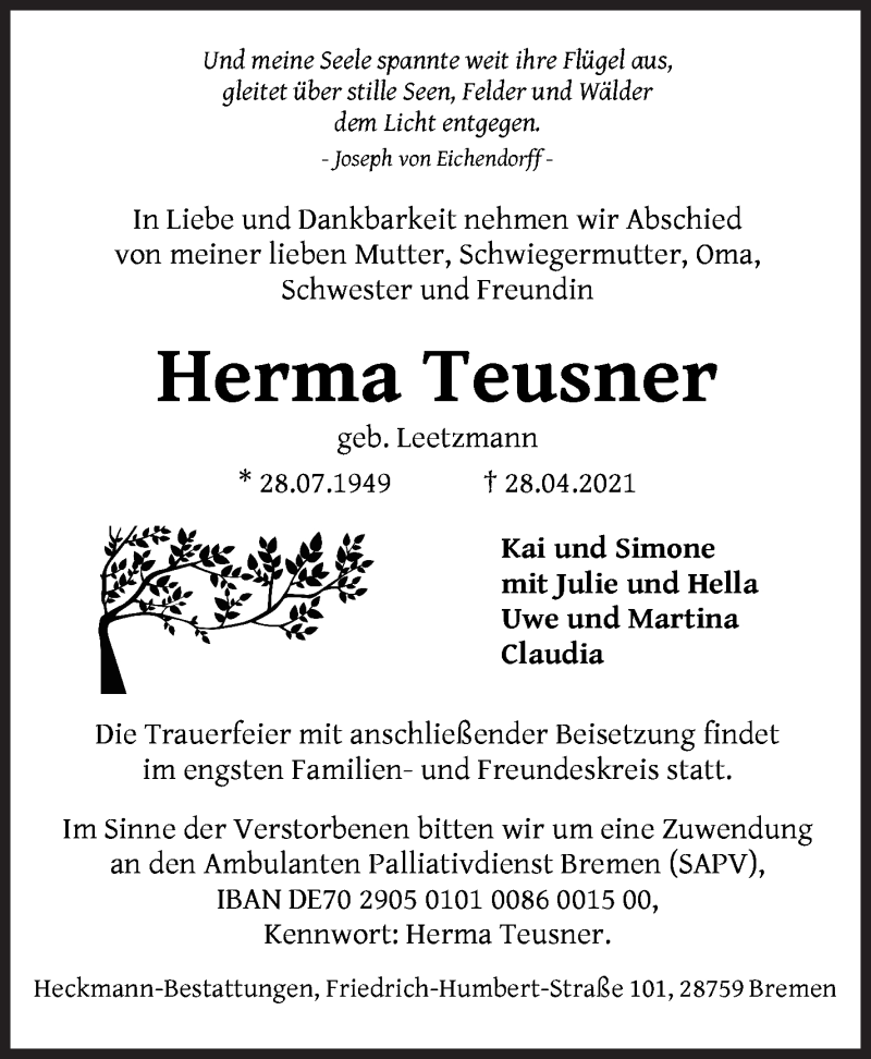 Traueranzeige von Herma Teusner von Die Norddeutsche