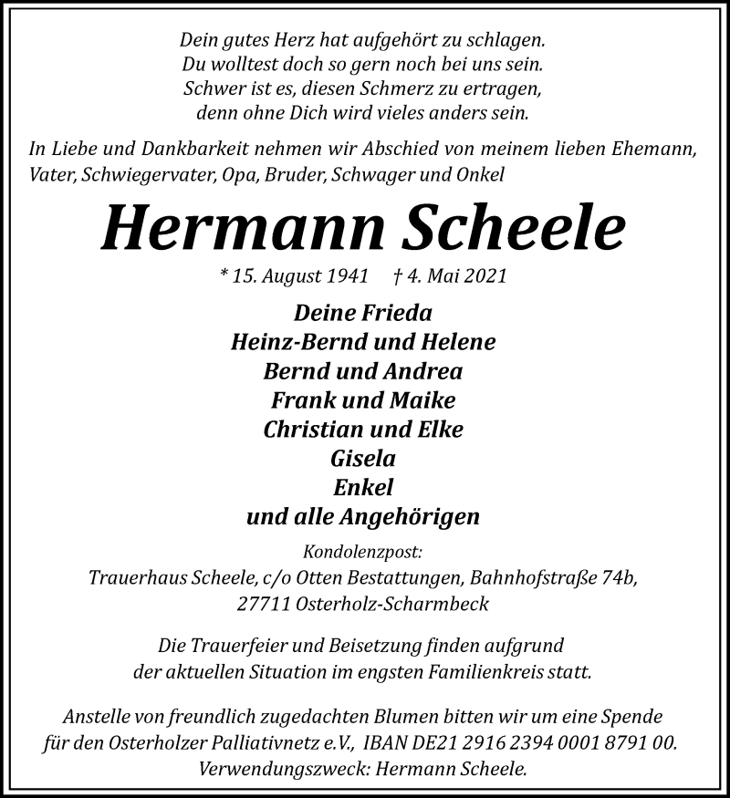 Traueranzeige von Hermann Scheele von Osterholzer Kreisblatt