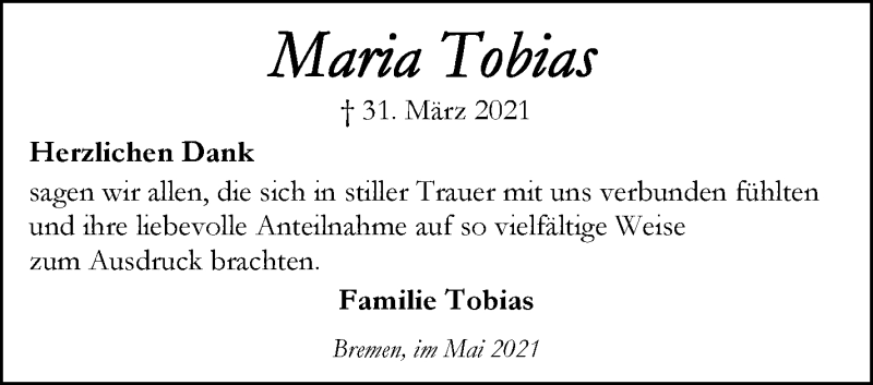 Traueranzeige von Maria Tobias von WESER-KURIER