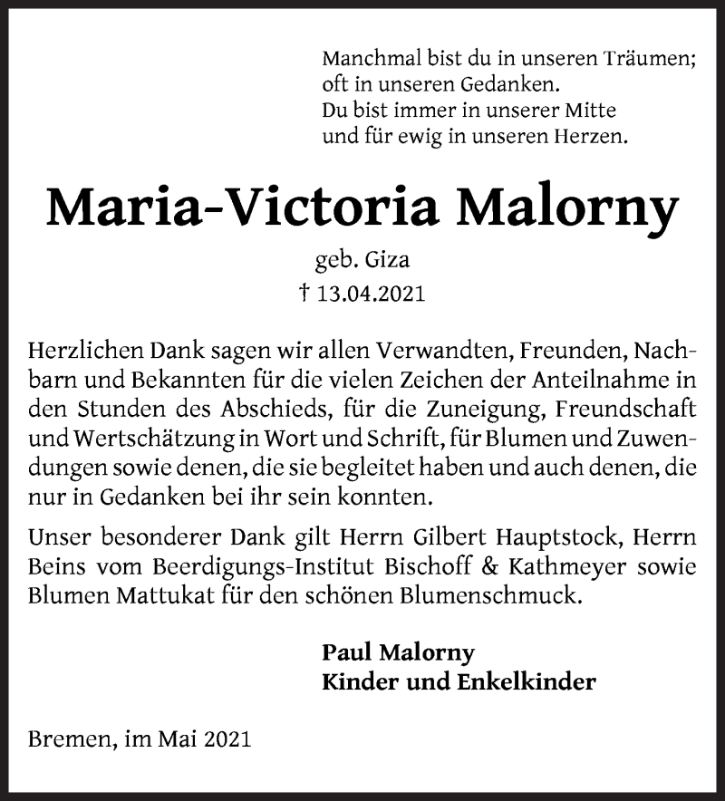 Traueranzeige von Maria-Victoria Malorny von Die Norddeutsche