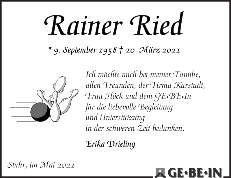 Traueranzeige von Rainer Ried von WESER-KURIER