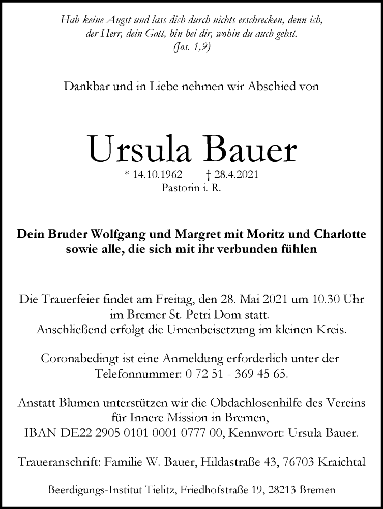 Traueranzeige von Ursula Bauer von WESER-KURIER