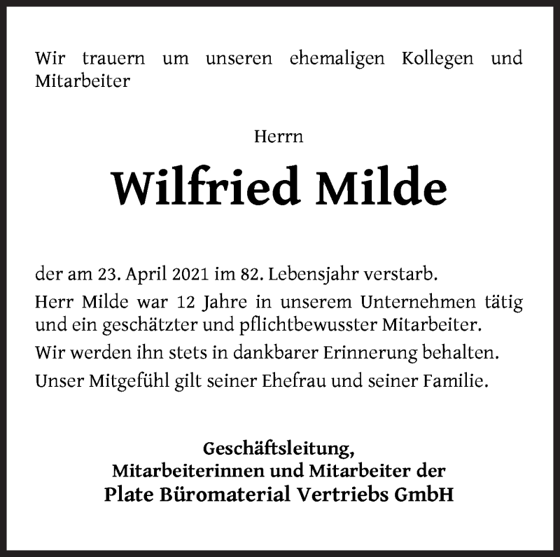 Traueranzeige von Wilfried Milde von WESER-KURIER