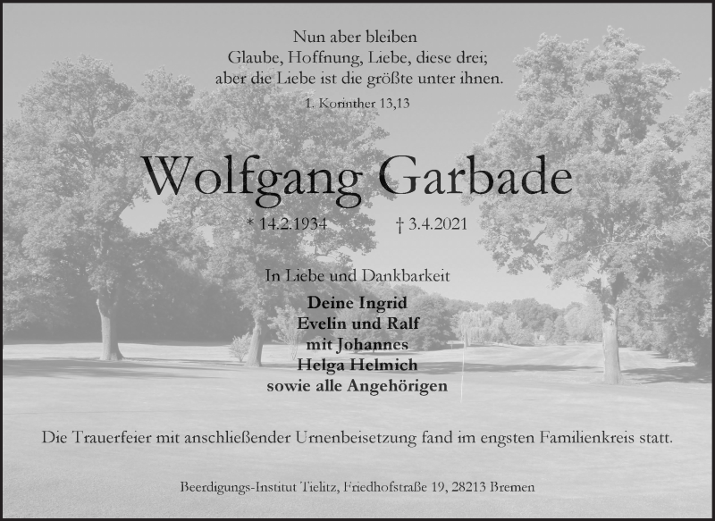 Traueranzeige von Wolfgang Garbade von WESER-KURIER