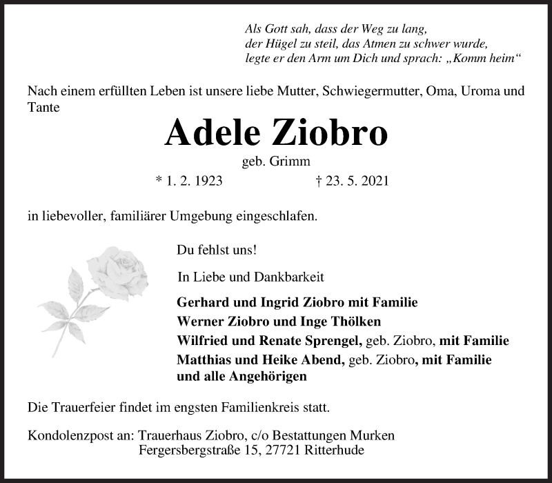 Traueranzeige von Adele Ziobro von Osterholzer Kreisblatt