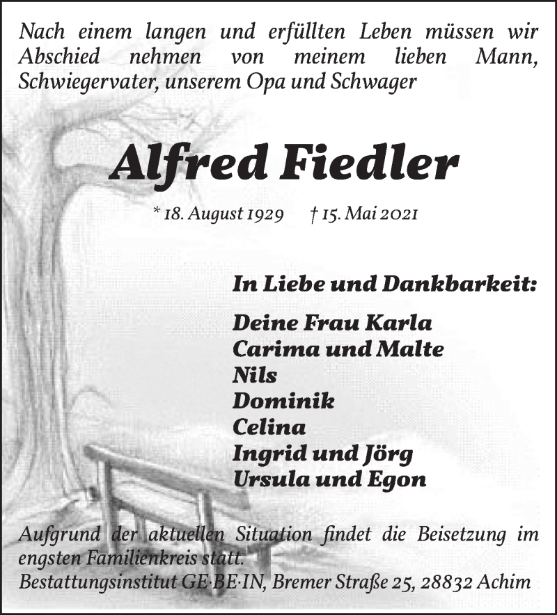 Traueranzeige von Alfred Fiedler von WESER-KURIER