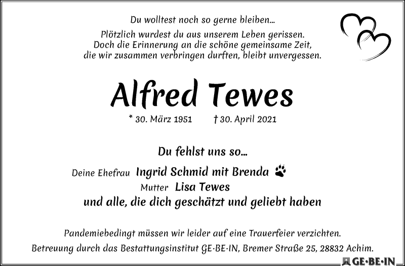 Traueranzeige von Alfred Tewes von WESER-KURIER