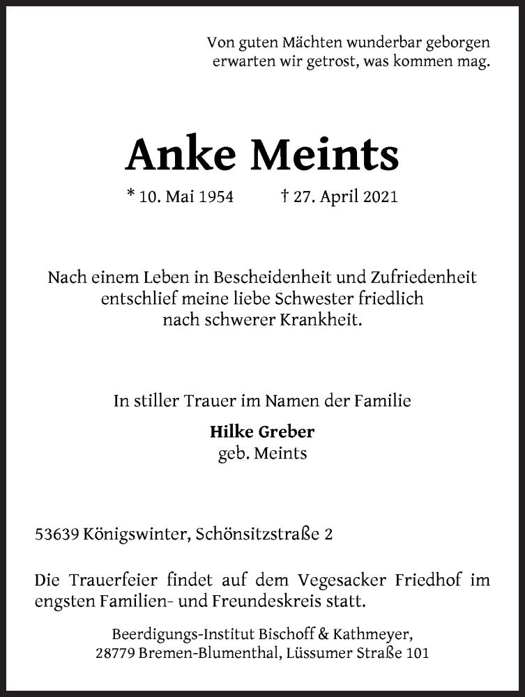 Traueranzeige von Anke Meints von Die Norddeutsche