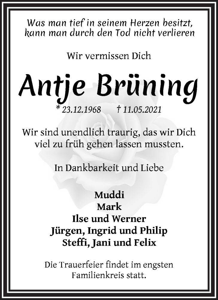 Traueranzeige von Antje Brüning von WESER-KURIER