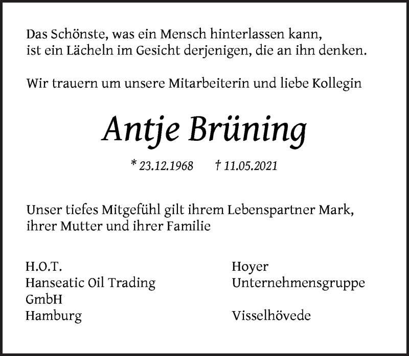 Traueranzeige von Antje Brüning von WESER-KURIER