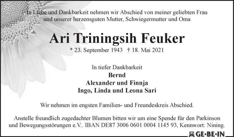 Traueranzeige von Ari Triningsih Feuker von WESER-KURIER