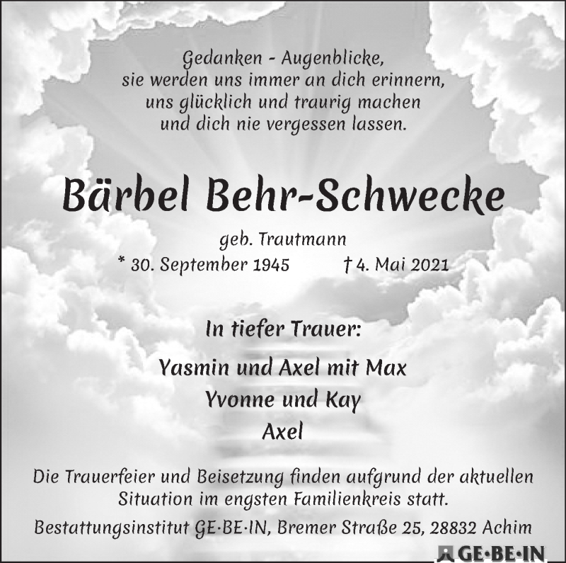 Traueranzeige von Bärbel Behr-Schwecke von WESER-KURIER