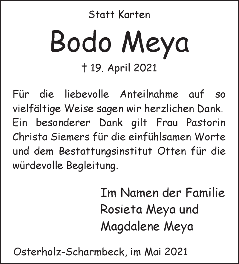 Traueranzeige von Bodo Meya von Osterholzer Kreisblatt