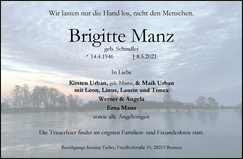 Traueranzeige von Brigitte Manz von WESER-KURIER