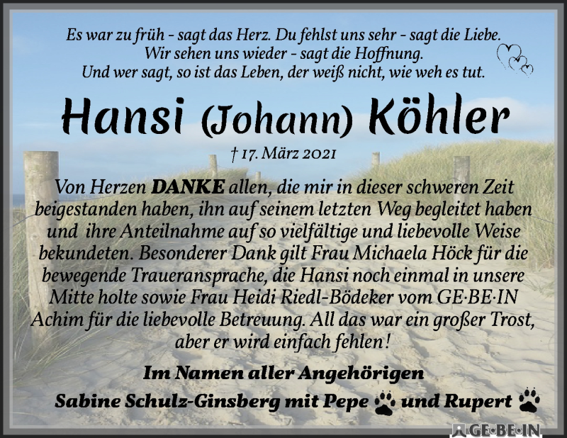 Traueranzeige von Hansi (Johann) Köhler von WESER-KURIER