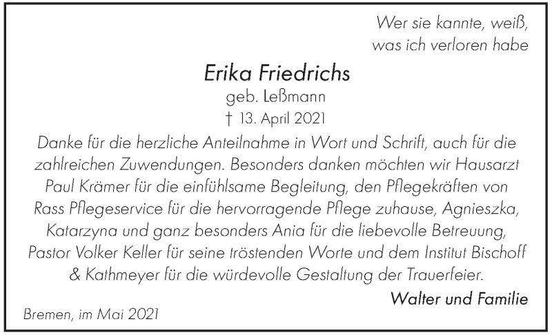 Traueranzeige von Erika Friedrichs von Die Norddeutsche