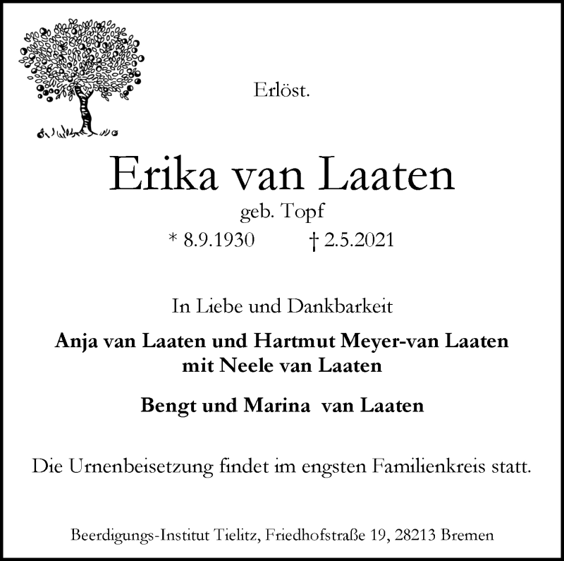 Traueranzeige von Erika van Laaten von WESER-KURIER