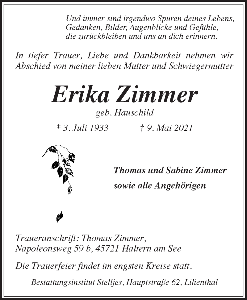 Traueranzeige von Erika Zimmer von Wuemme Zeitung