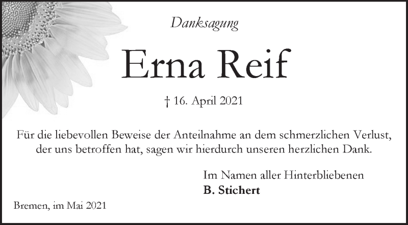 Traueranzeige von Erna Reif von WESER-KURIER