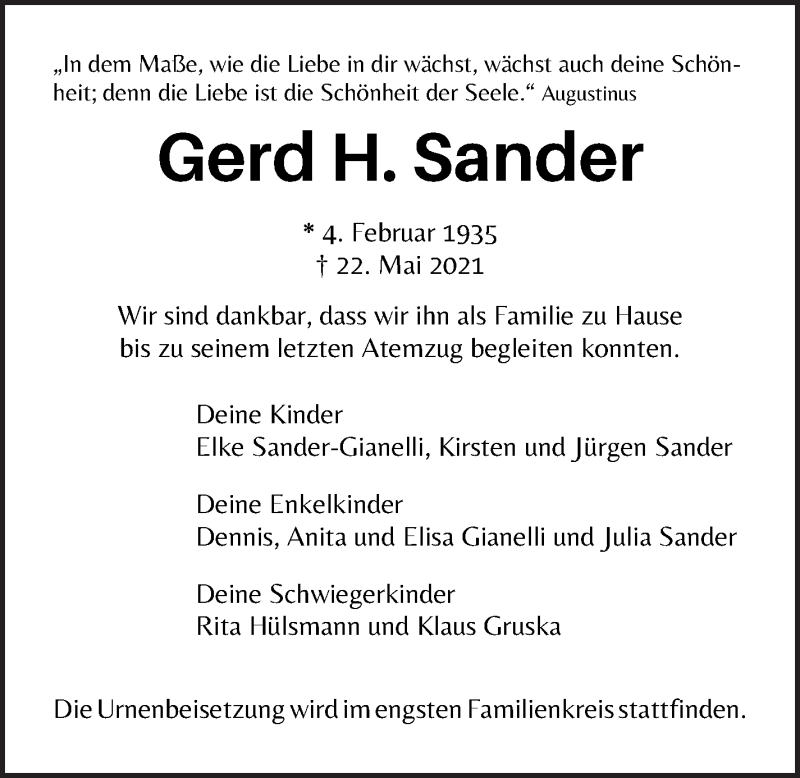 Traueranzeige von Gerd Hermann Sander von WESER-KURIER