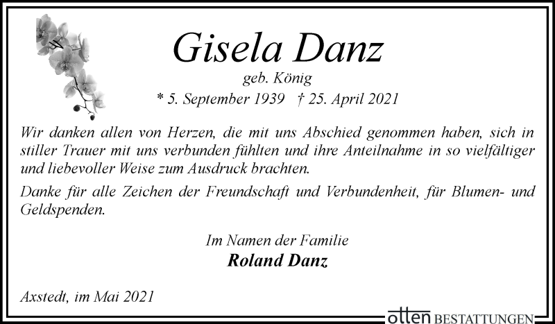 Traueranzeige von Gisela Danz von Osterholzer Kreisblatt