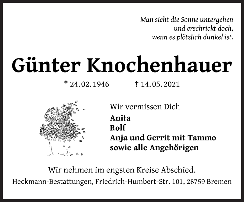 Traueranzeige von Günter Knochenhauer von WESER-KURIER