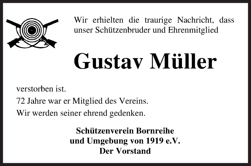 Traueranzeige von Gustav Müller von Osterholzer Kreisblatt