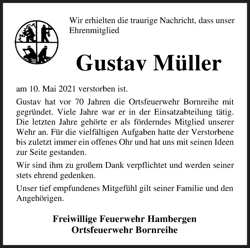 Traueranzeige von Gustav Müller von Osterholzer Kreisblatt