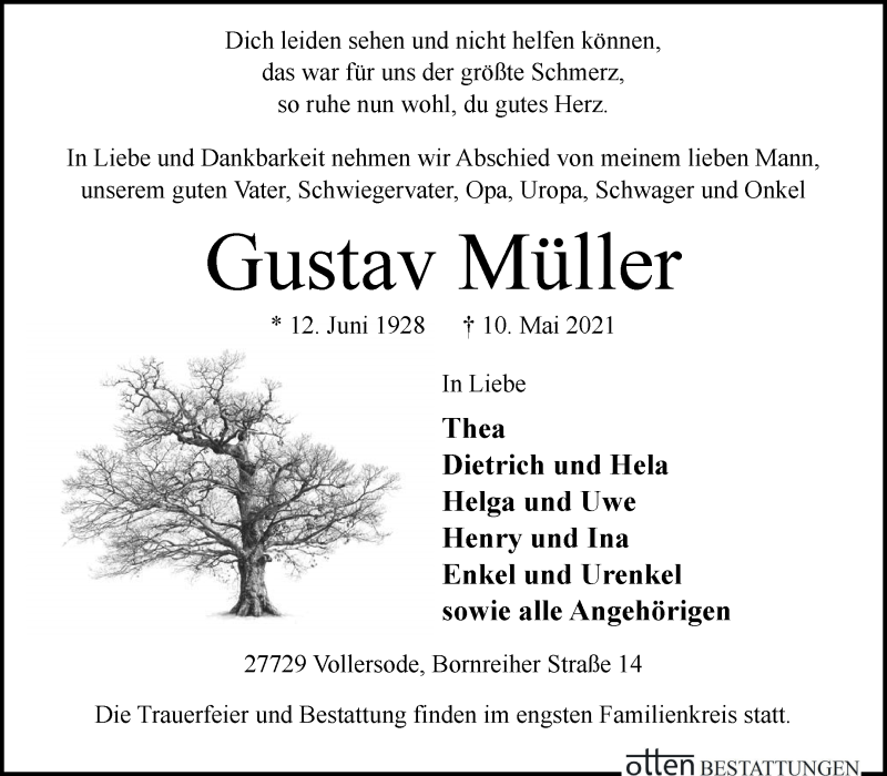 Traueranzeige von Gustav Müller von Osterholzer Kreisblatt