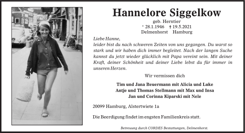 Traueranzeige von Hannelore Siggelkow von WESER-KURIER