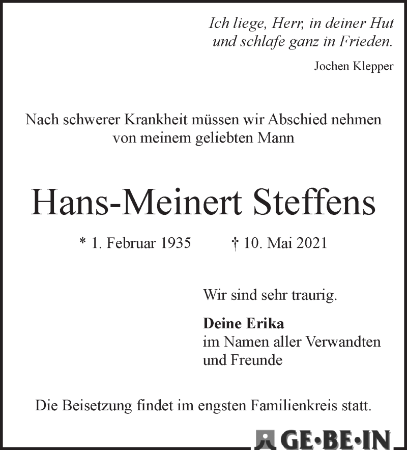 Traueranzeige von Hans-Meinert Steffens von WESER-KURIER