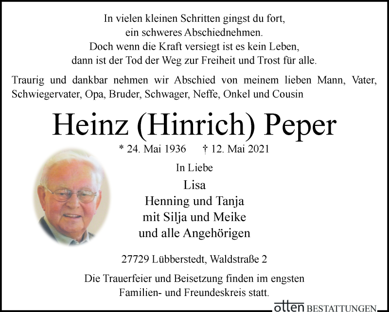 Traueranzeige von Heinz (Hinrich) Peper von Osterholzer Kreisblatt