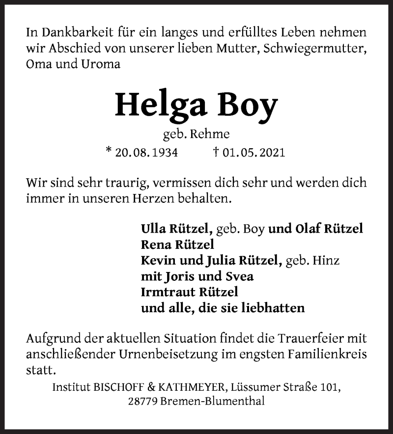 Traueranzeige von Helga Boy von Die Norddeutsche