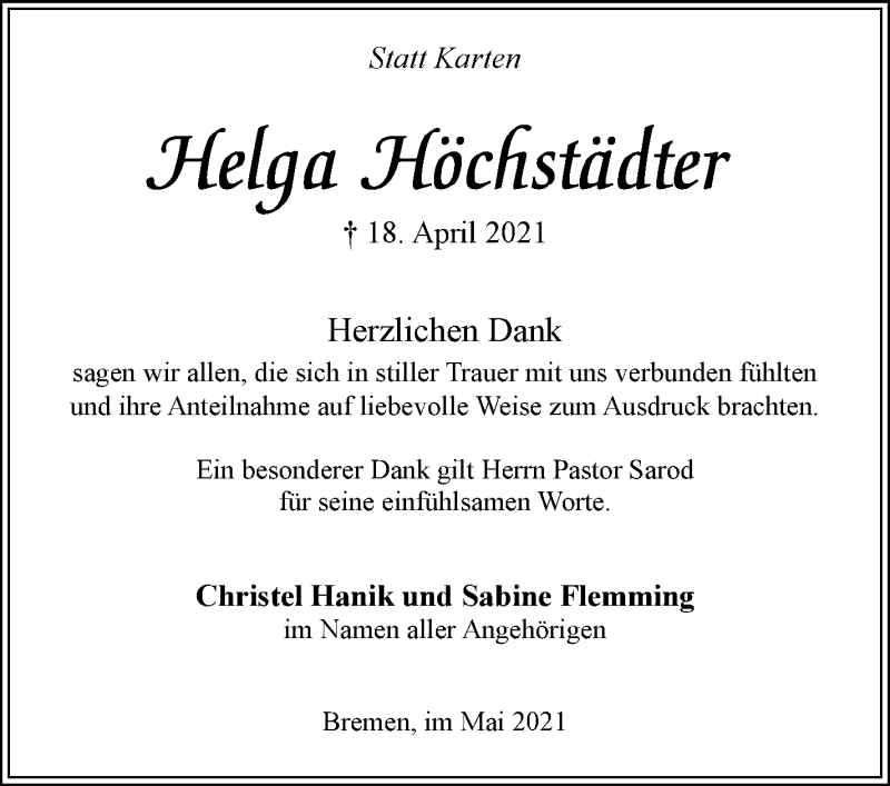 Traueranzeige von Helga Höchstädler von WESER-KURIER