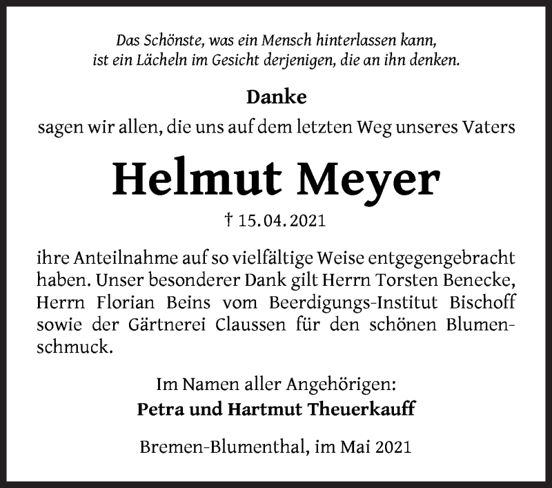 Traueranzeige von Helmut Meyer von Die Norddeutsche