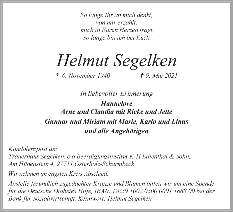 Traueranzeige von Helmut Segelken von Osterholzer Kreisblatt