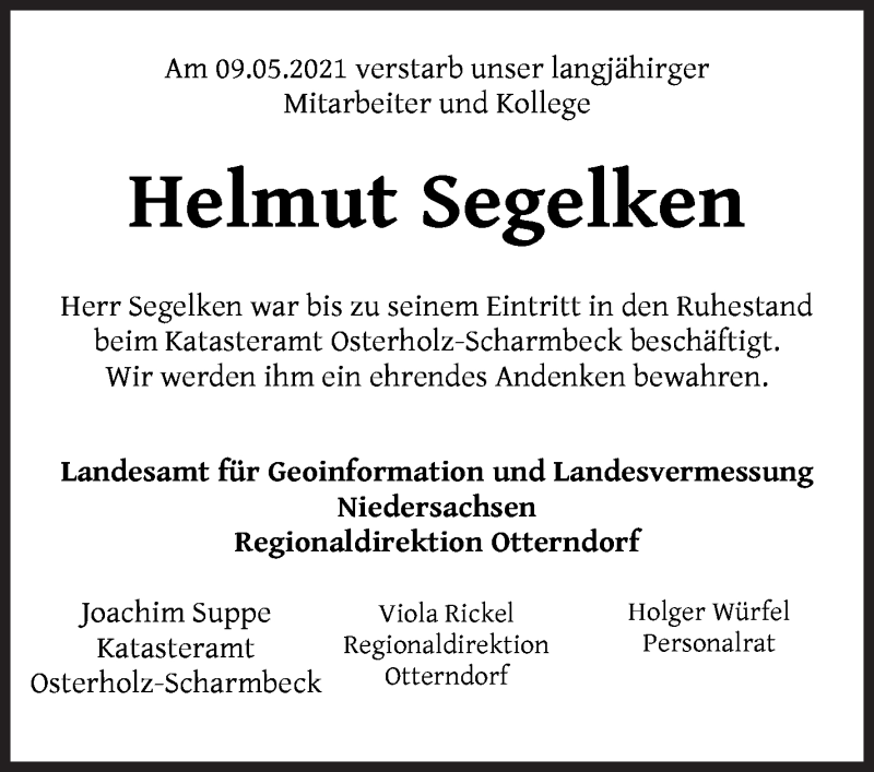 Traueranzeige von Helmut Segelken von Osterholzer Kreisblatt