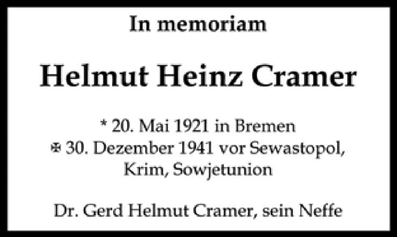 Traueranzeige von Helmut Heinz Cramer von WESER-KURIER