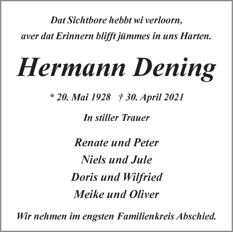 Traueranzeige von Hermann Dening von WESER-KURIER