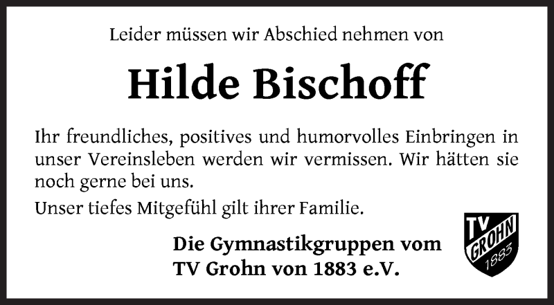 Traueranzeige von Hilde Bischoff von Die Norddeutsche