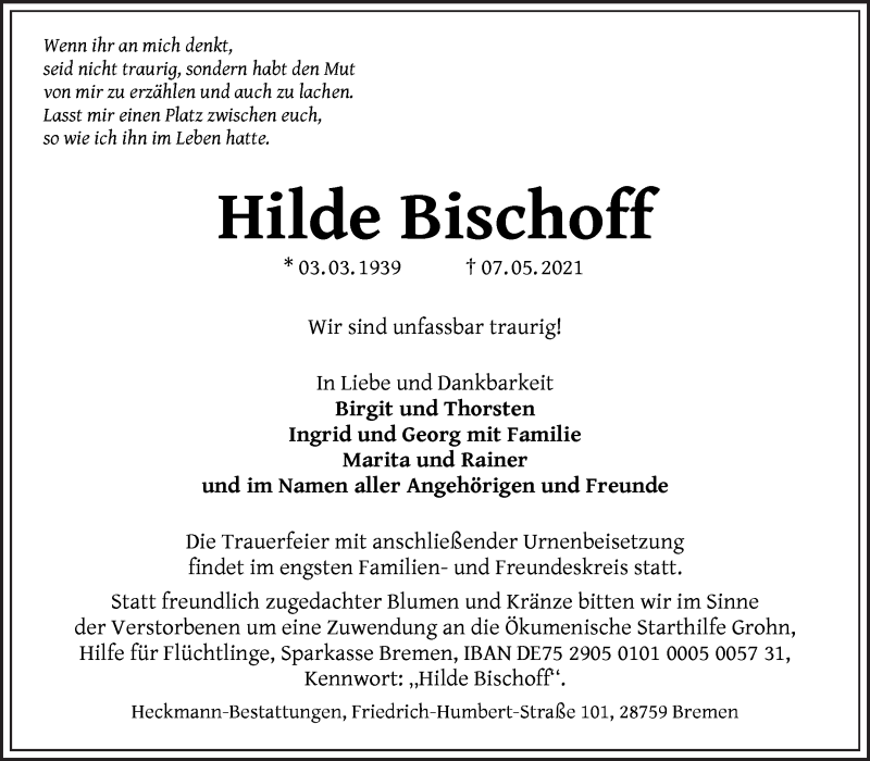 Traueranzeige von Hilde Bischoff von Die Norddeutsche