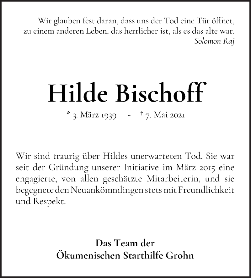 Traueranzeige von Hilde Bischoff von Die Norddeutsche