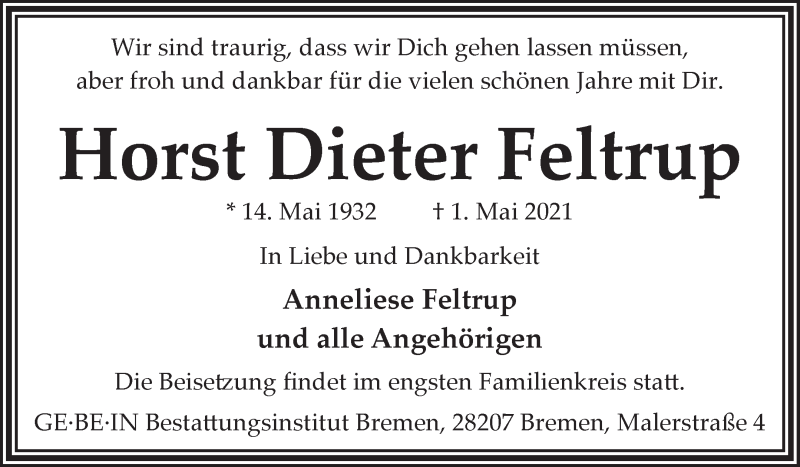 Traueranzeige von Horst Dieter Feltrup von WESER-KURIER